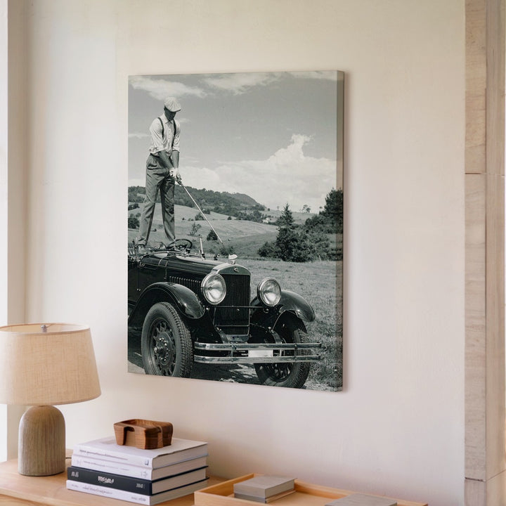 Vintage Golfer on Convertible Canvas – Black & White 1920s Humor Wall Art - Gifitto