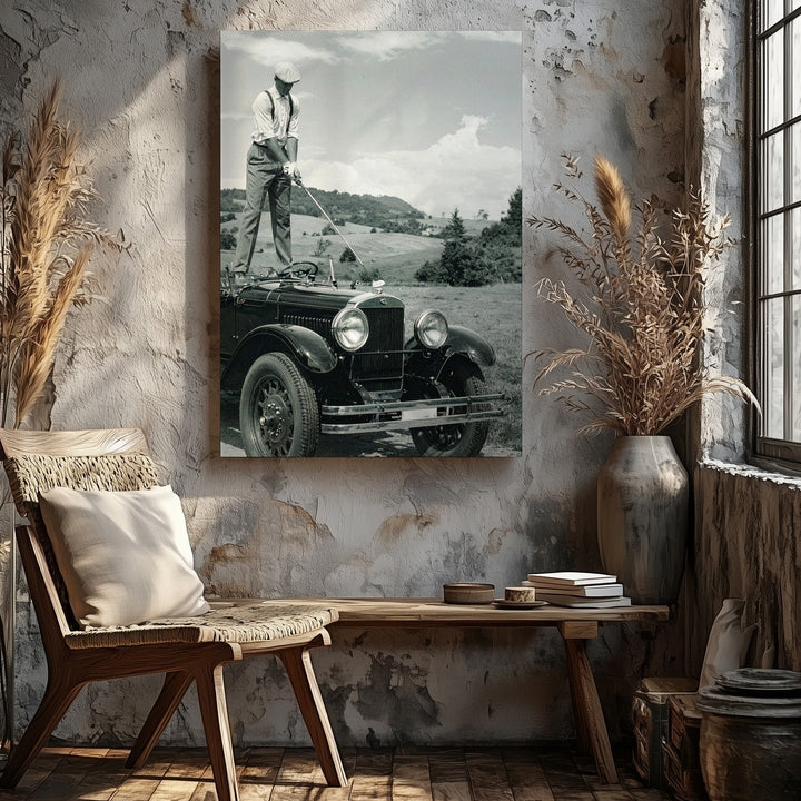 Vintage Golfer on Convertible Canvas – Black & White 1920s Humor Wall Art - Gifitto