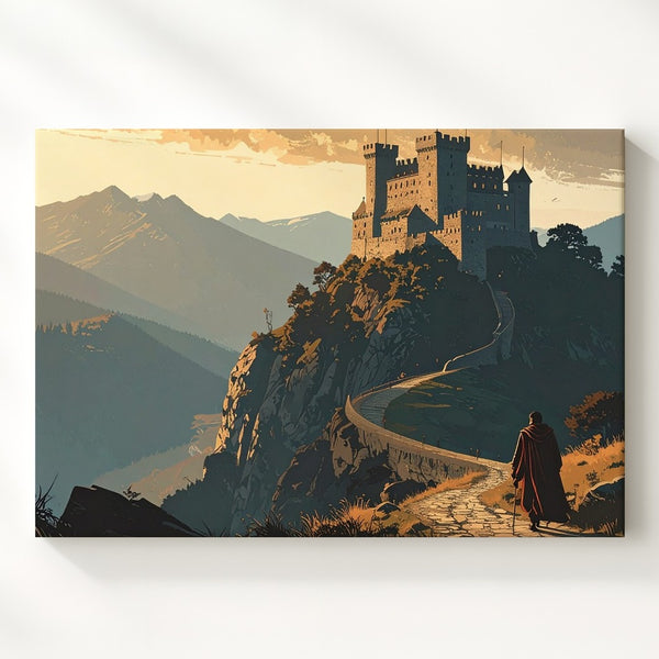 Epic Quest Canvas – Lone Traveler Approaching Castle in Golden Sky Wall Art - Gifitto
