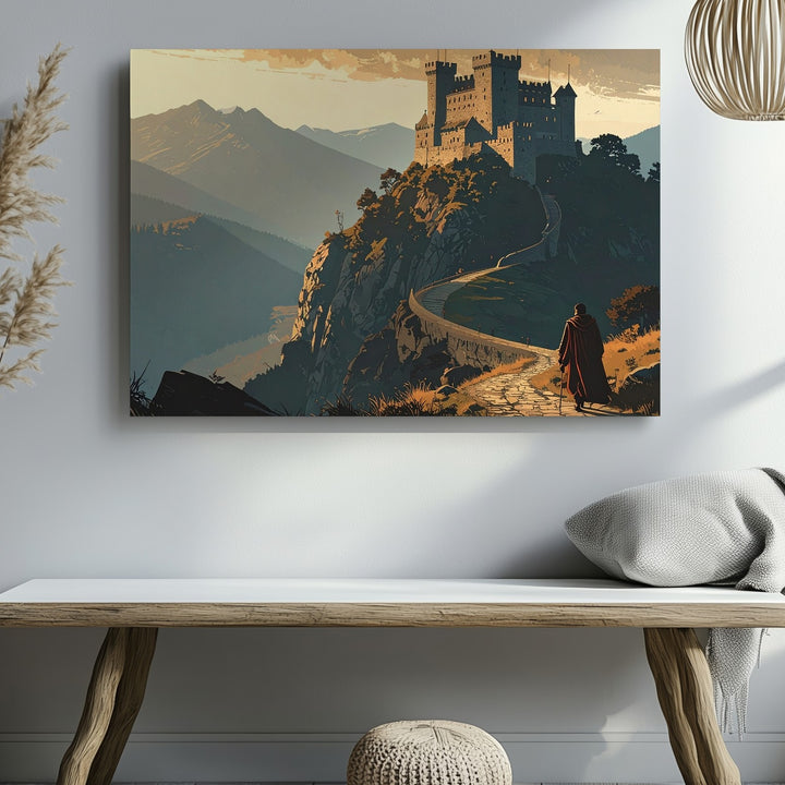 Epic Quest Canvas – Lone Traveler Approaching Castle in Golden Sky Wall Art - Gifitto