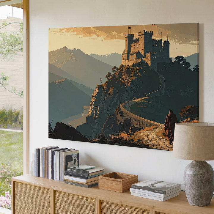 Epic Quest Canvas – Lone Traveler Approaching Castle in Golden Sky Wall Art - Gifitto