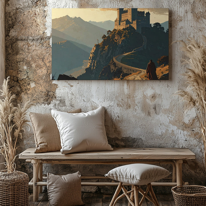 Epic Quest Canvas – Lone Traveler Approaching Castle in Golden Sky Wall Art - Gifitto