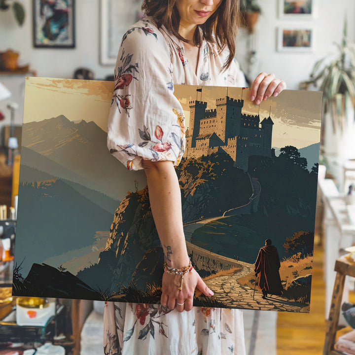 Epic Quest Canvas – Lone Traveler Approaching Castle in Golden Sky Wall Art - Gifitto