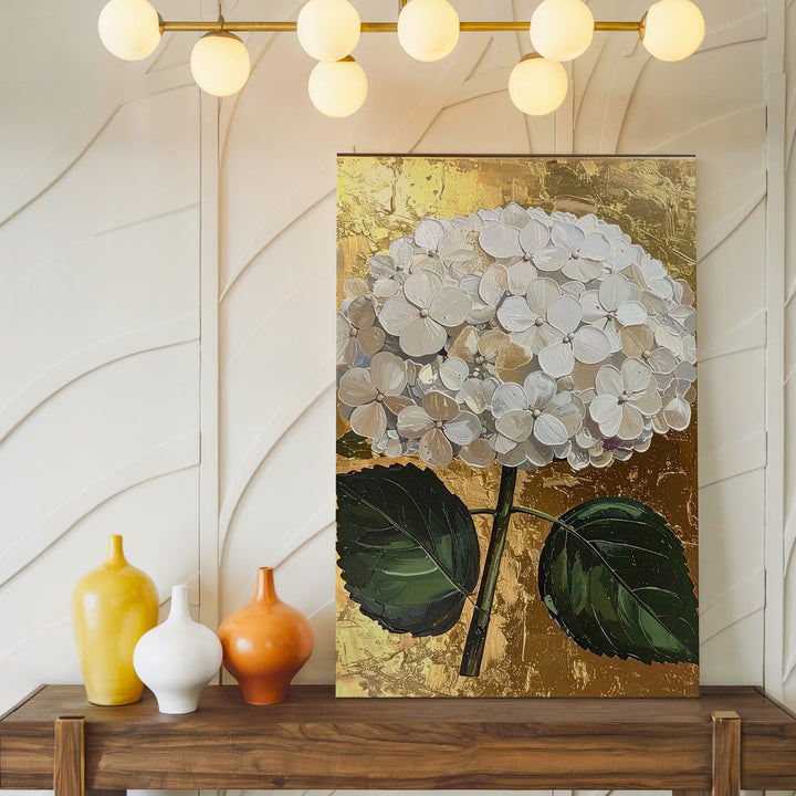 Luxurious Hydrangea Canvas – Metallic Textured White Flowers with Gold Background - Gifitto