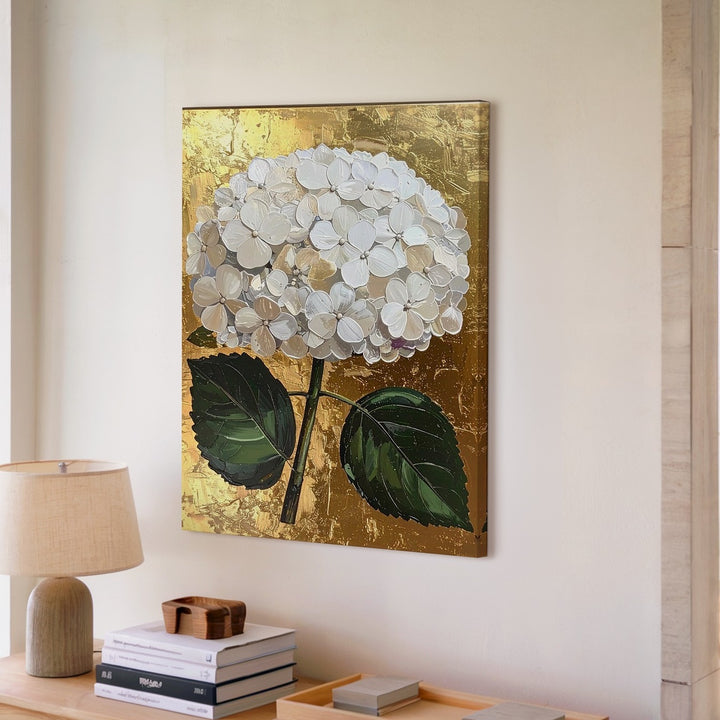 Luxurious Hydrangea Canvas – Metallic Textured White Flowers with Gold Background - Gifitto