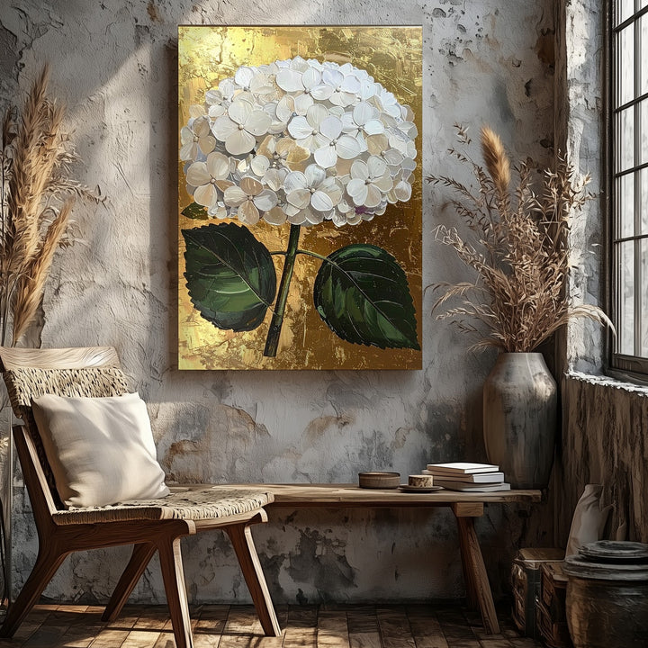 Luxurious Hydrangea Canvas – Metallic Textured White Flowers with Gold Background - Gifitto