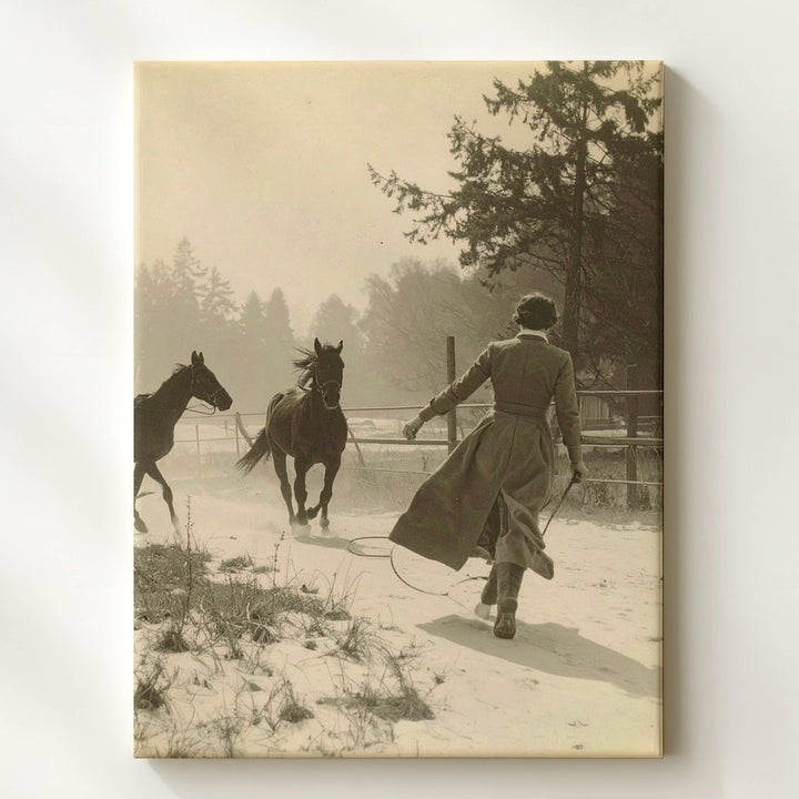 Fogbound Connection Canvas – Sepia Vintage Scene of Woman and Horses - Gifitto