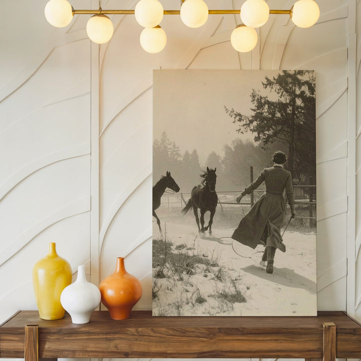 Fogbound Connection Canvas – Sepia Vintage Scene of Woman and Horses - Gifitto