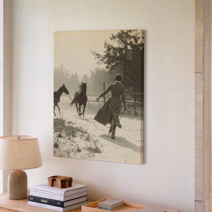 Fogbound Connection Canvas – Sepia Vintage Scene of Woman and Horses - Gifitto