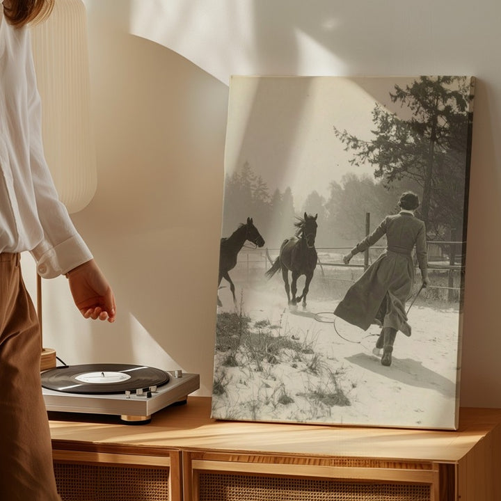 Fogbound Connection Canvas – Sepia Vintage Scene of Woman and Horses - Gifitto