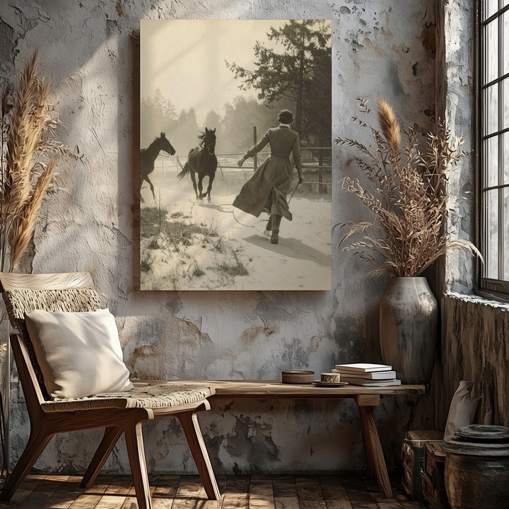 Fogbound Connection Canvas – Sepia Vintage Scene of Woman and Horses - Gifitto