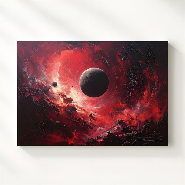 Crimson Void Canvas – Dark Planet with Spiraling Cosmic Storm & Red Nebulae - Gifitto