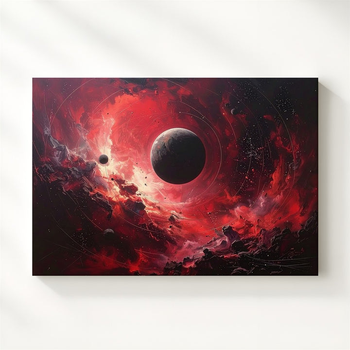 Crimson Void Canvas – Dark Planet with Spiraling Cosmic Storm & Red Nebulae - Gifitto