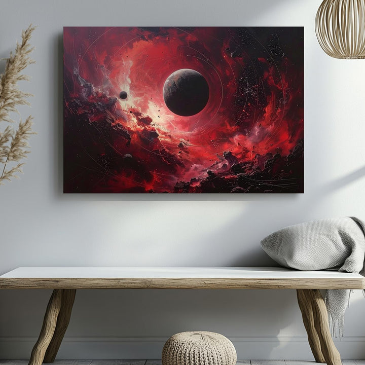 Crimson Void Canvas – Dark Planet with Spiraling Cosmic Storm & Red Nebulae - Gifitto