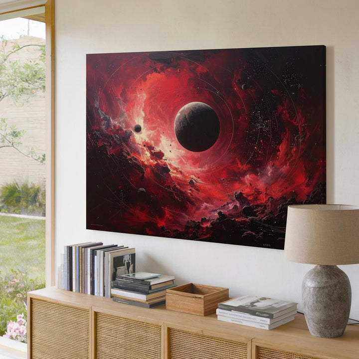 Crimson Void Canvas – Dark Planet with Spiraling Cosmic Storm & Red Nebulae - Gifitto