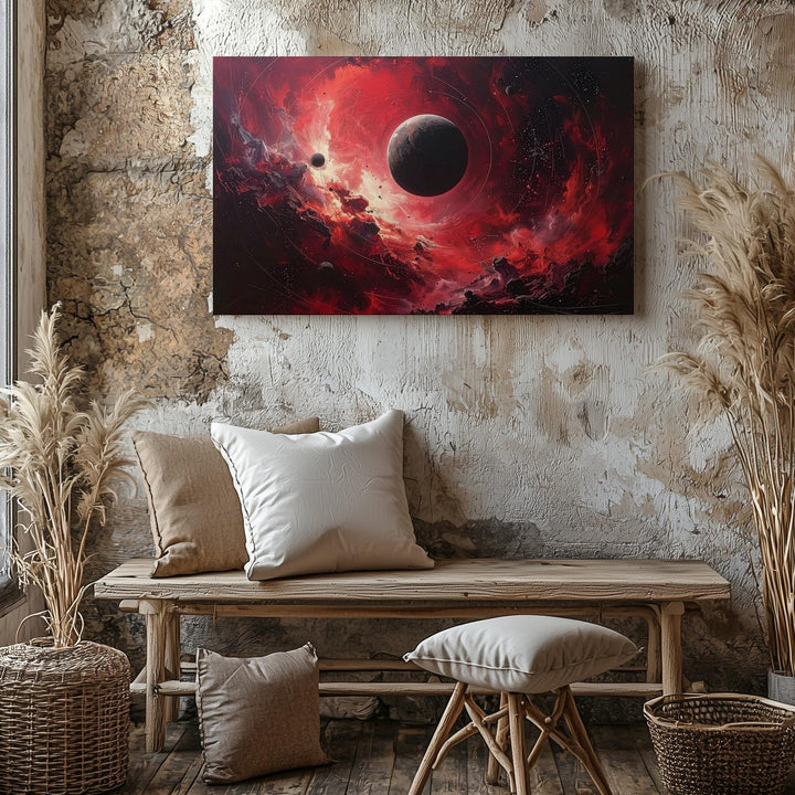 Crimson Void Canvas – Dark Planet with Spiraling Cosmic Storm & Red Nebulae - Gifitto