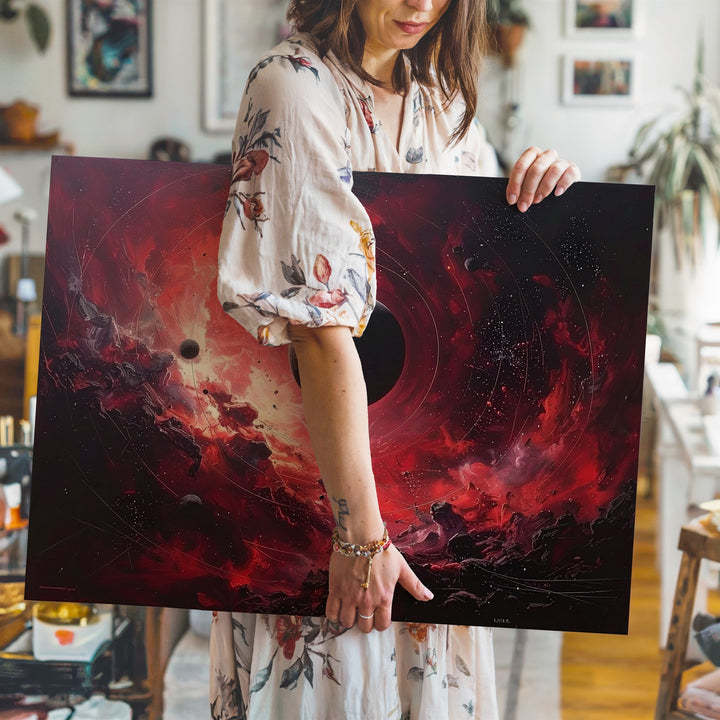 Crimson Void Canvas – Dark Planet with Spiraling Cosmic Storm & Red Nebulae - Gifitto