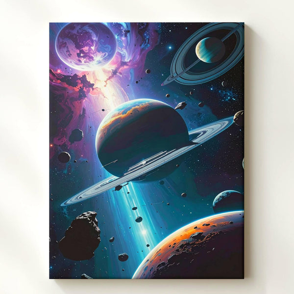 Cosmic Planets Canvas – Floating Moons, Asteroids & Starry Sky Art - Gifitto