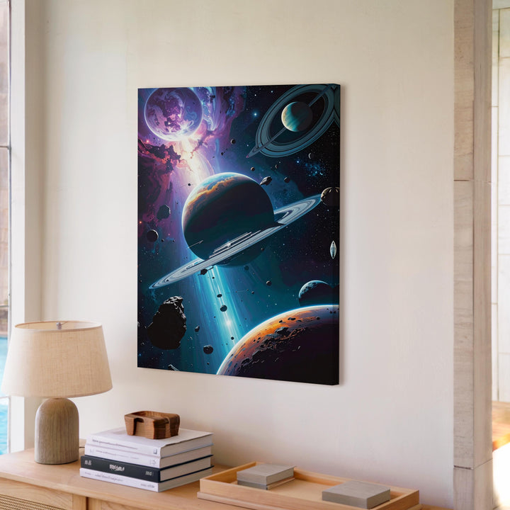 Cosmic Planets Canvas – Floating Moons, Asteroids & Starry Sky Art - Gifitto