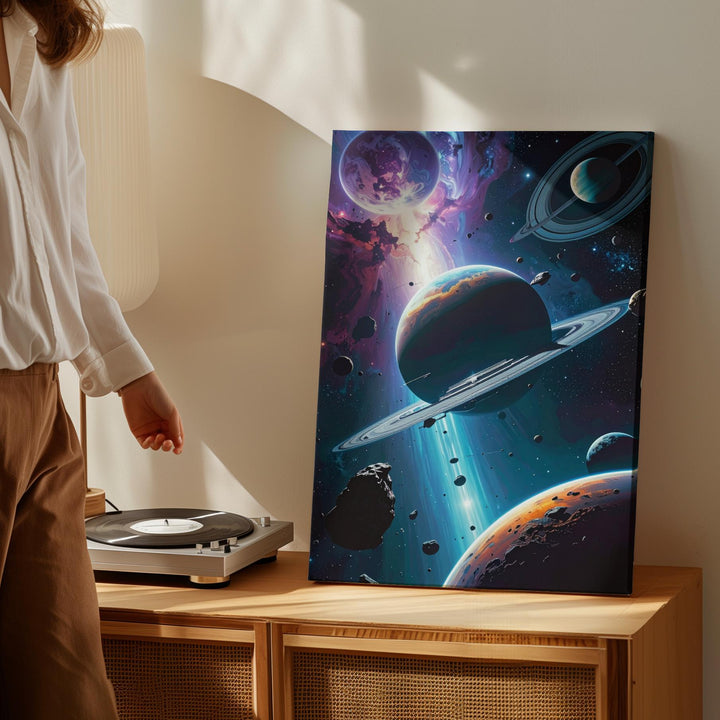 Cosmic Planets Canvas – Floating Moons, Asteroids & Starry Sky Art - Gifitto