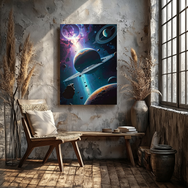 Cosmic Planets Canvas – Floating Moons, Asteroids & Starry Sky Art - Gifitto