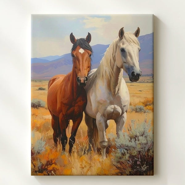 Golden Companions Canvas – Two Horses in Autumn Western Field - Gifitto