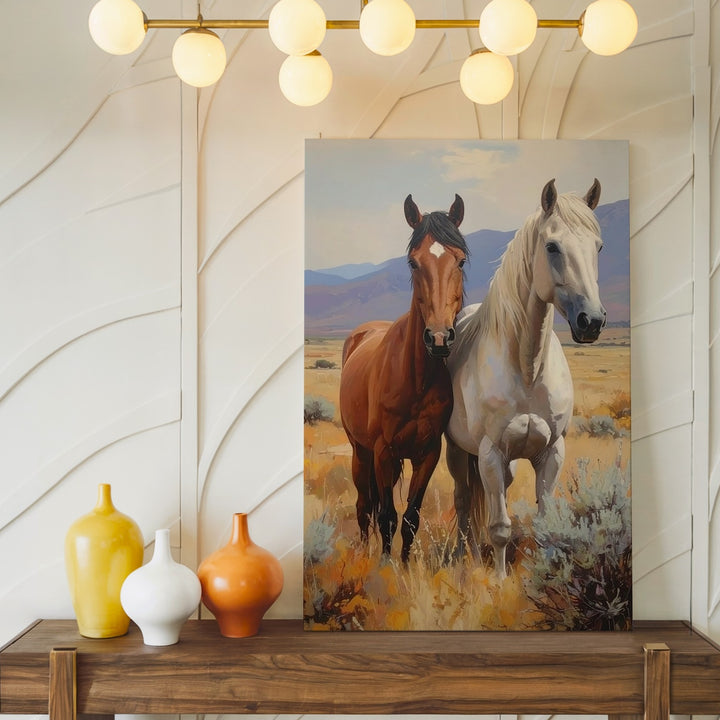 Golden Companions Canvas – Two Horses in Autumn Western Field - Gifitto