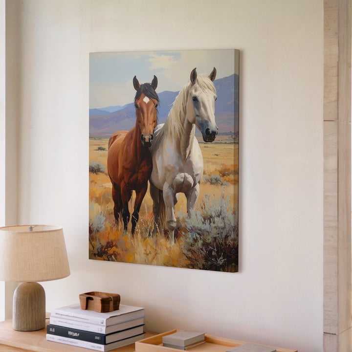 Golden Companions Canvas – Two Horses in Autumn Western Field - Gifitto