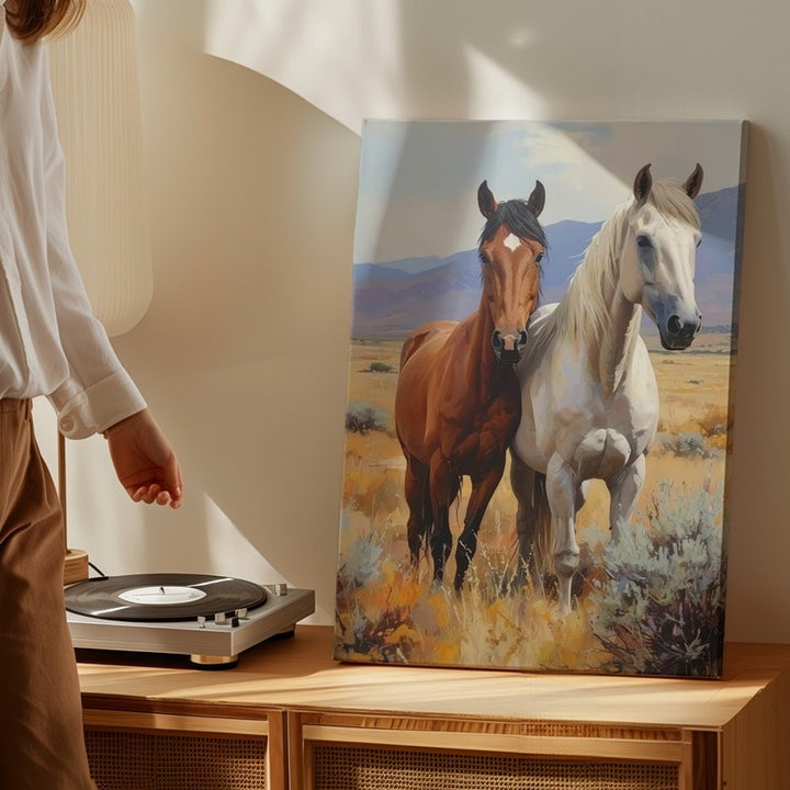 Golden Companions Canvas – Two Horses in Autumn Western Field - Gifitto