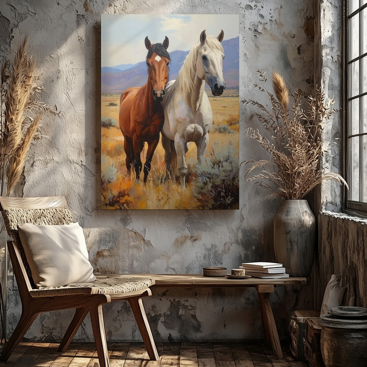 Golden Companions Canvas – Two Horses in Autumn Western Field - Gifitto