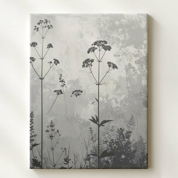 Grayscale Wildflower Canvas – Elegant Botanical Silhouette Art with Textured Background - Gifitto