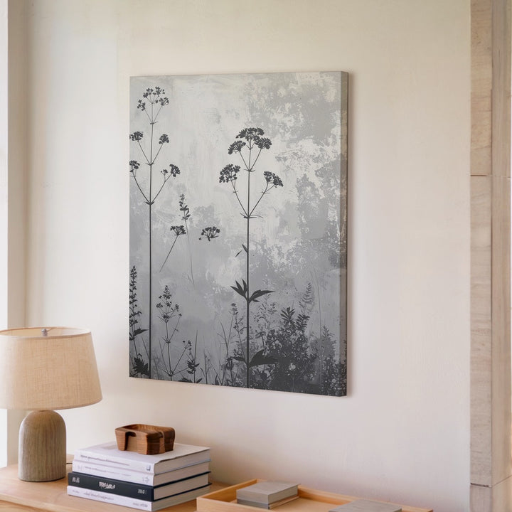 Grayscale Wildflower Canvas – Elegant Botanical Silhouette Art with Textured Background - Gifitto