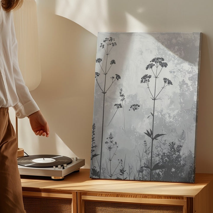 Grayscale Wildflower Canvas – Elegant Botanical Silhouette Art with Textured Background - Gifitto