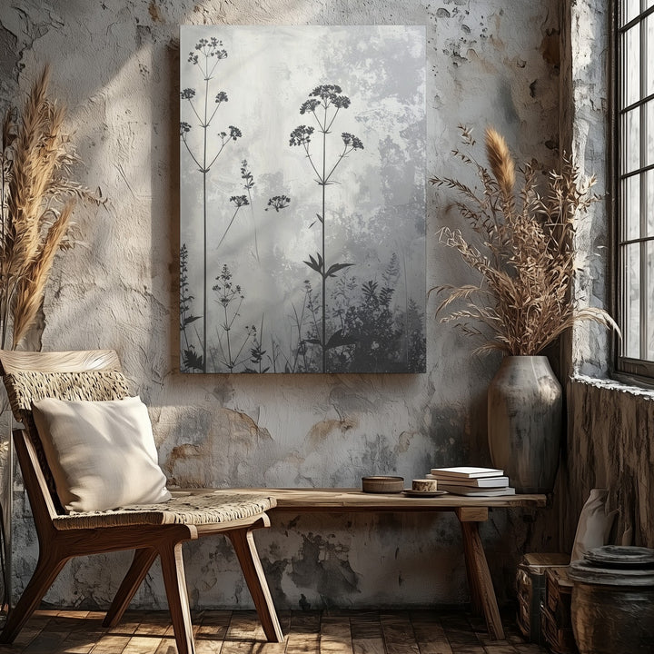 Grayscale Wildflower Canvas – Elegant Botanical Silhouette Art with Textured Background - Gifitto
