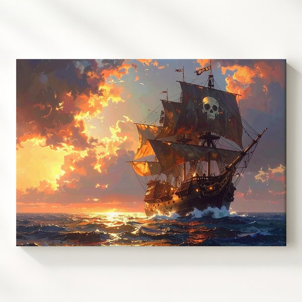 Pirate Ship at Sunset Canvas – Adventure on the Glowing Ocean Wall Art - Gifitto