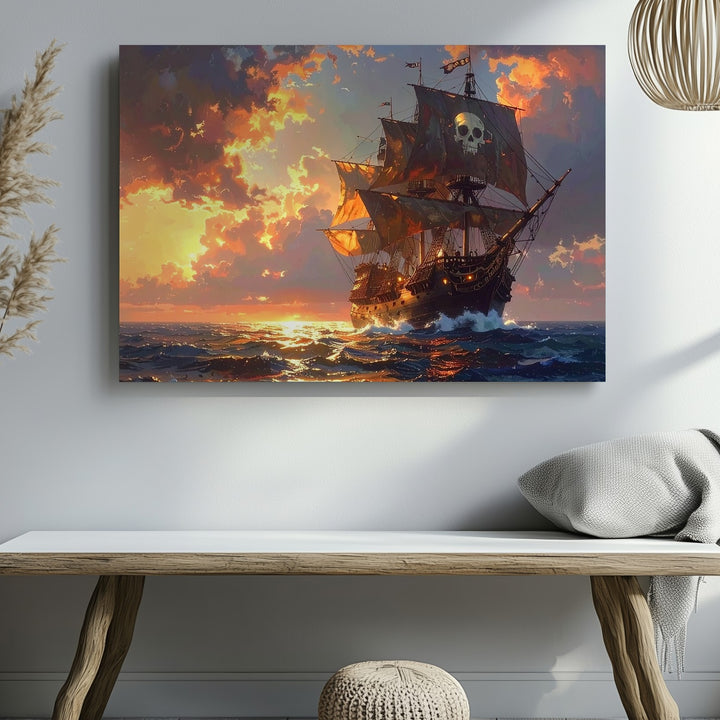 Pirate Ship at Sunset Canvas – Adventure on the Glowing Ocean Wall Art - Gifitto
