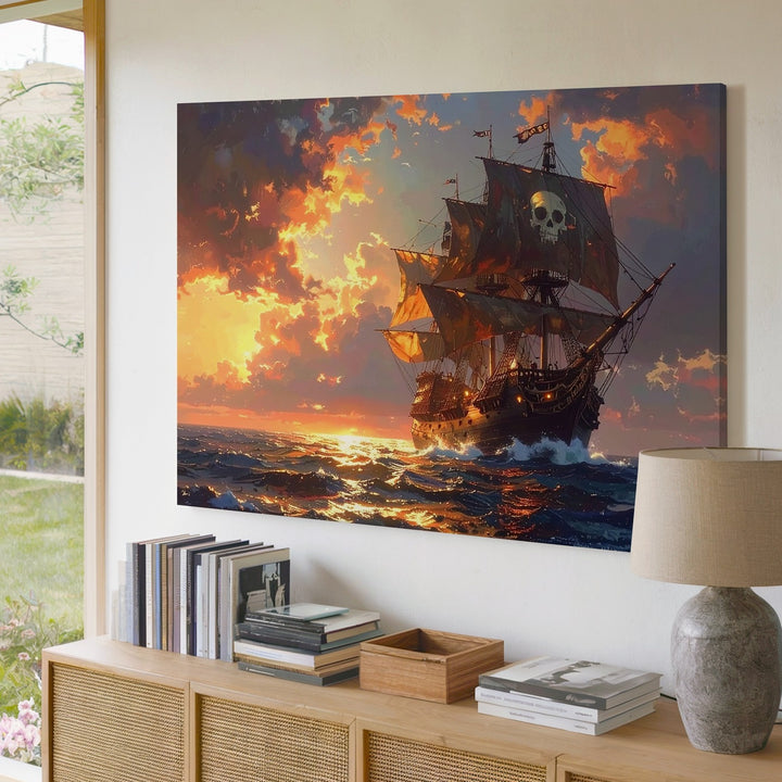 Pirate Ship at Sunset Canvas – Adventure on the Glowing Ocean Wall Art - Gifitto