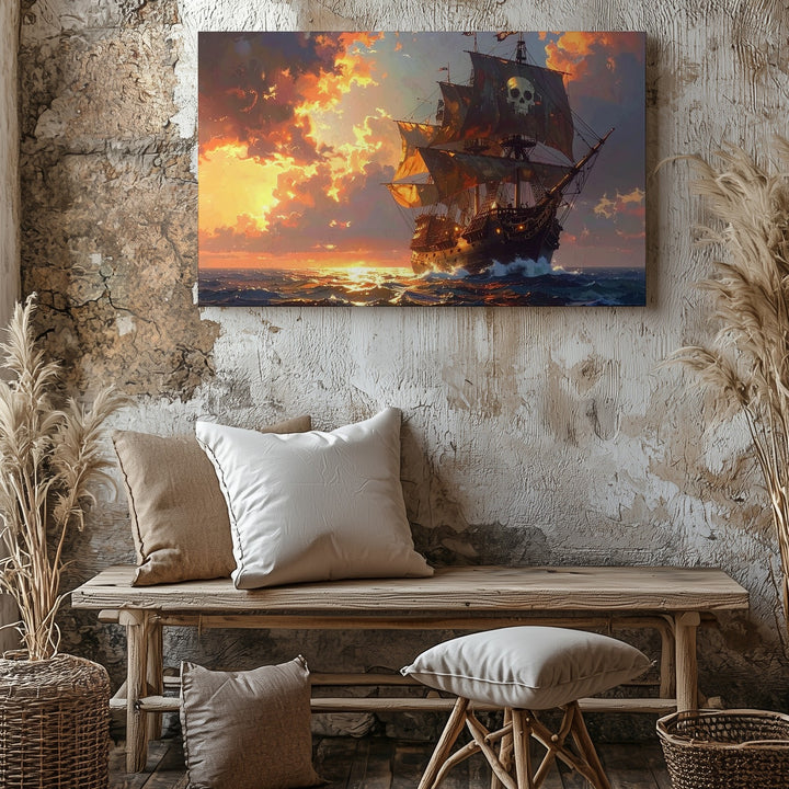 Pirate Ship at Sunset Canvas – Adventure on the Glowing Ocean Wall Art - Gifitto