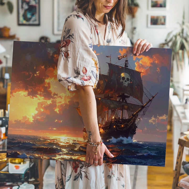Pirate Ship at Sunset Canvas – Adventure on the Glowing Ocean Wall Art - Gifitto