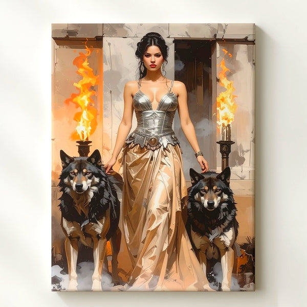 Warrior Queen & Wolves Canvas – Mythic Fantasy Regal Portrait - Gifitto