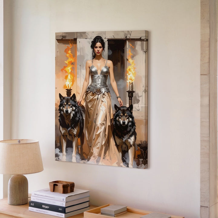 Warrior Queen & Wolves Canvas – Mythic Fantasy Regal Portrait - Gifitto