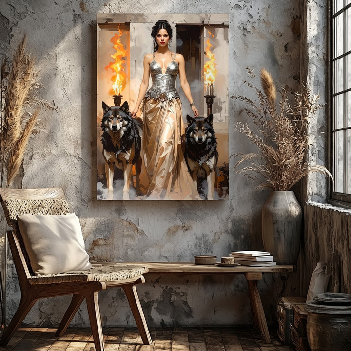 Warrior Queen & Wolves Canvas – Mythic Fantasy Regal Portrait - Gifitto