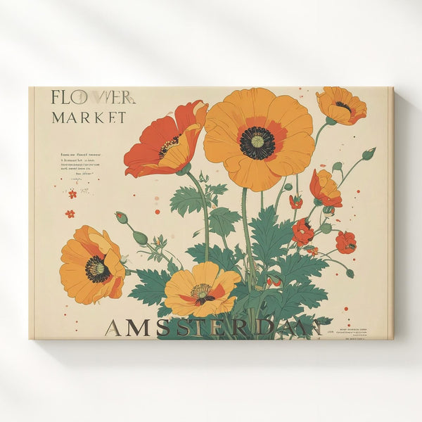 Flower Market Amsterdam Canvas – Retro Poppy Floral Print with Vintage Poster Vibes - Gifitto