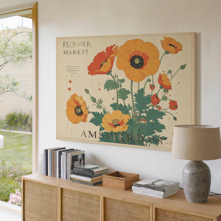 Flower Market Amsterdam Canvas – Retro Poppy Floral Print with Vintage Poster Vibes - Gifitto