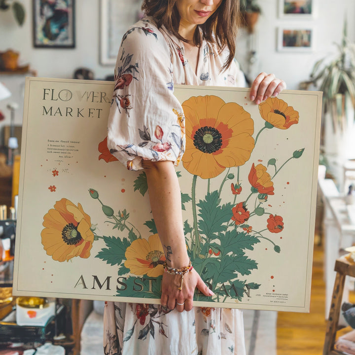 Flower Market Amsterdam Canvas – Retro Poppy Floral Print with Vintage Poster Vibes - Gifitto