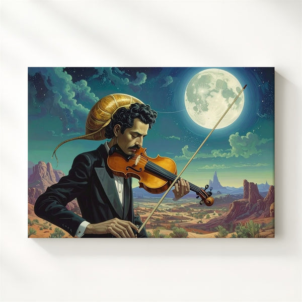 Surreal Violinist Canvas – Man with Snail Shell Head Under Cosmic Full Moon - Gifitto