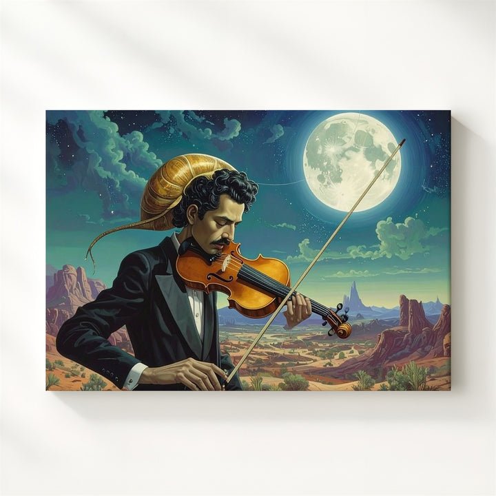 Surreal Violinist Canvas – Man with Snail Shell Head Under Cosmic Full Moon - Gifitto
