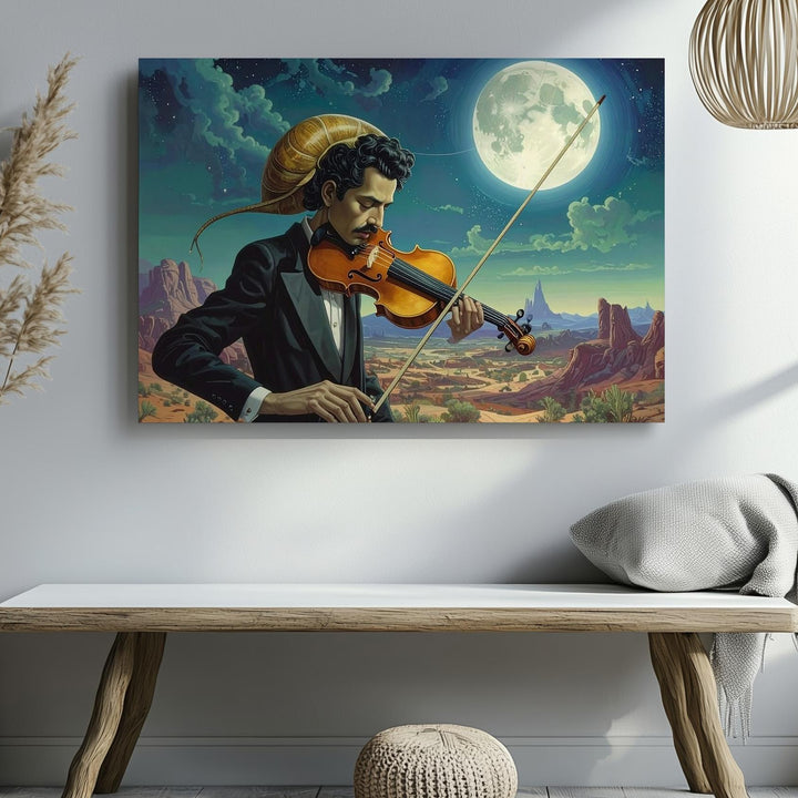 Surreal Violinist Canvas – Man with Snail Shell Head Under Cosmic Full Moon - Gifitto