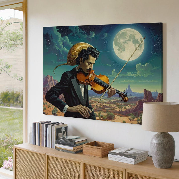 Surreal Violinist Canvas – Man with Snail Shell Head Under Cosmic Full Moon - Gifitto