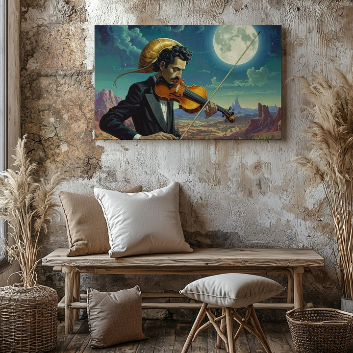 Surreal Violinist Canvas – Man with Snail Shell Head Under Cosmic Full Moon - Gifitto